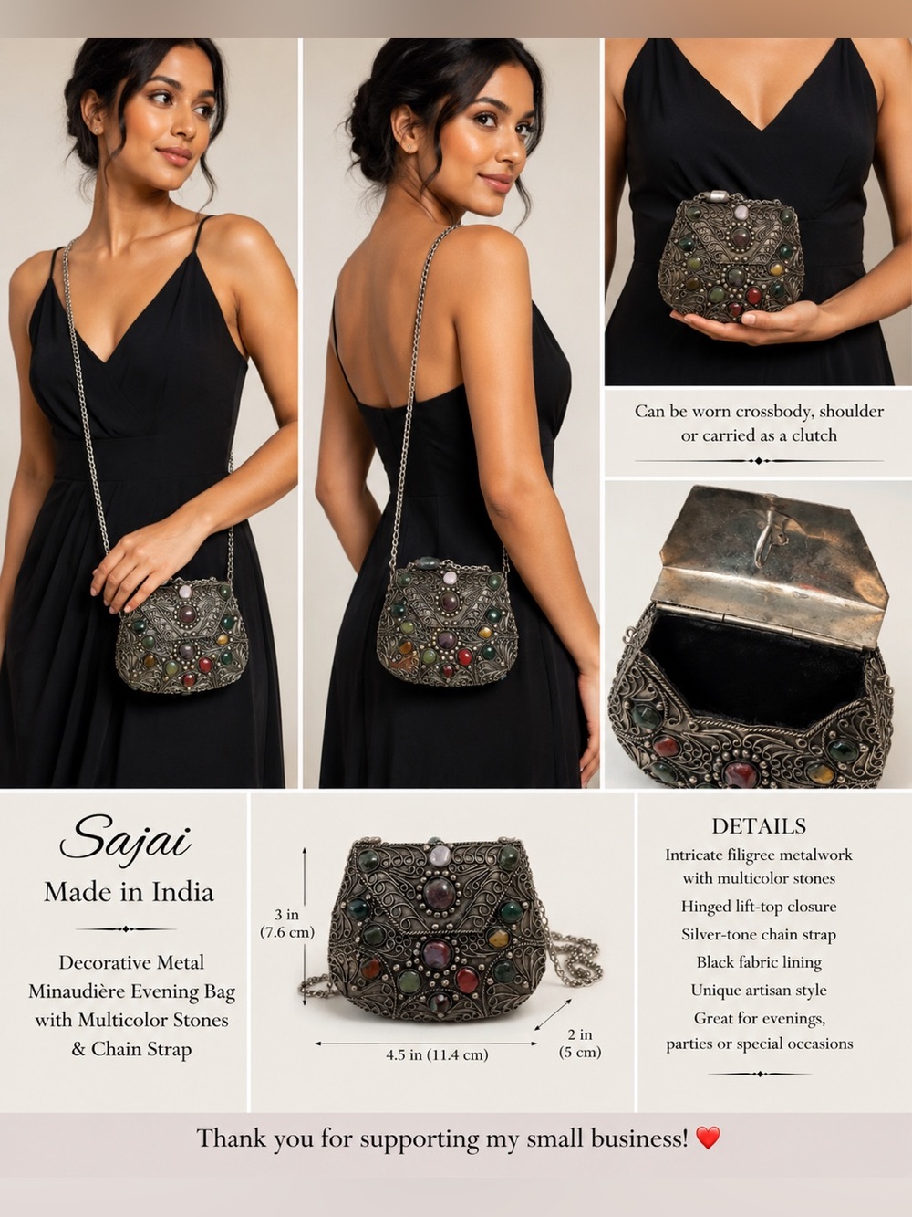Sajai Made In India Metal Minaudiere Evening Bag Jeweled Stone Filigree Purse